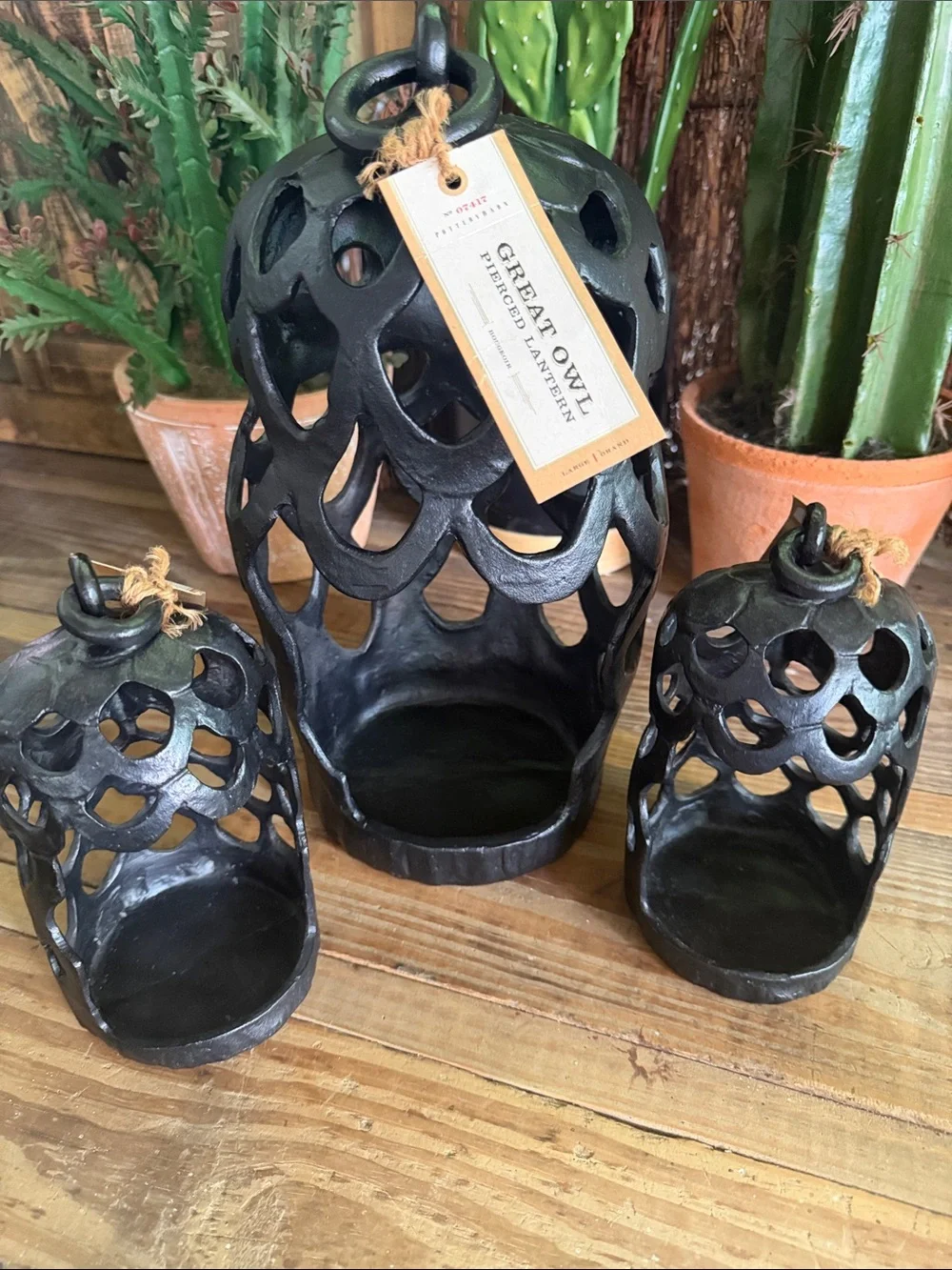 Pottery Barn Black Cast Iron Great  Owl 🦉 Pierced Lantern Trio RARE